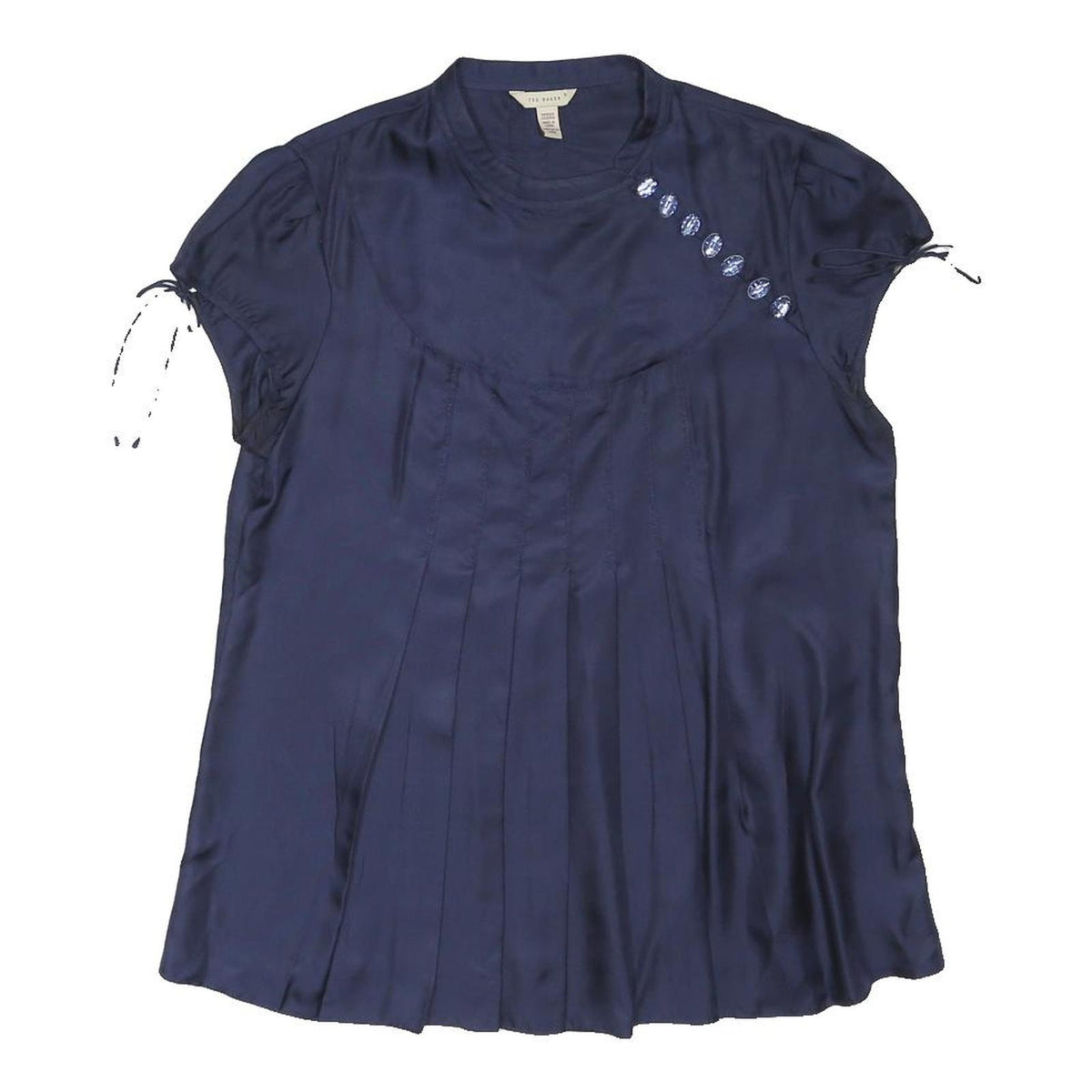 TED BAKER Womens Navy Blue Printed Blouse Short Sleeve Crew Neck M Silk Elegant