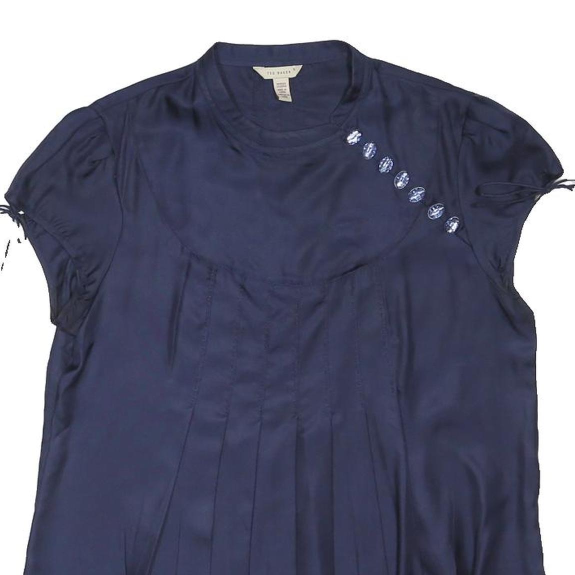 TED BAKER Womens Navy Blue Printed Blouse Short Sleeve Crew Neck M Silk Elegant