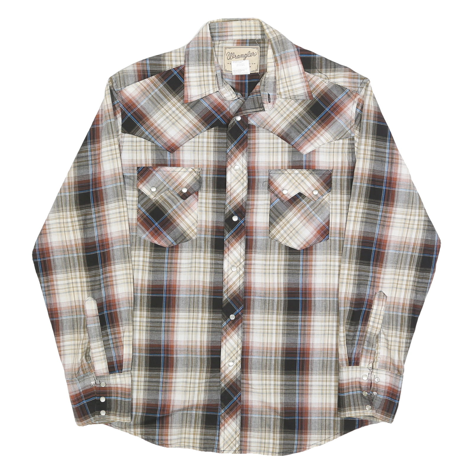 WRANGLER Mens Beige Brown Plaid Western Shirt M Casual Button-Down Cotton Blend