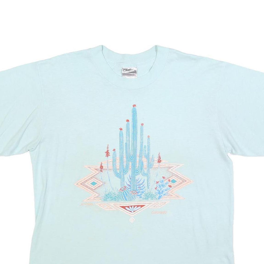 ONEITA Womens Light Blue Graphic T-Shirt XL Short Sleeve Crew Neck Cotton Blend