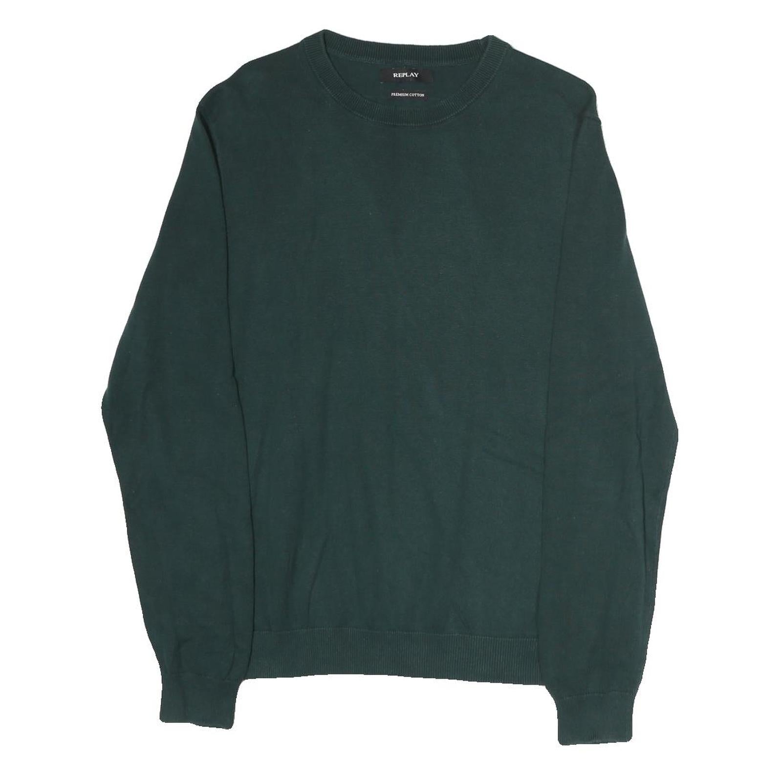 REPLAY Mens Green Jumper Plain Crew Neck Basic Knit M Casual Everyday Cotton