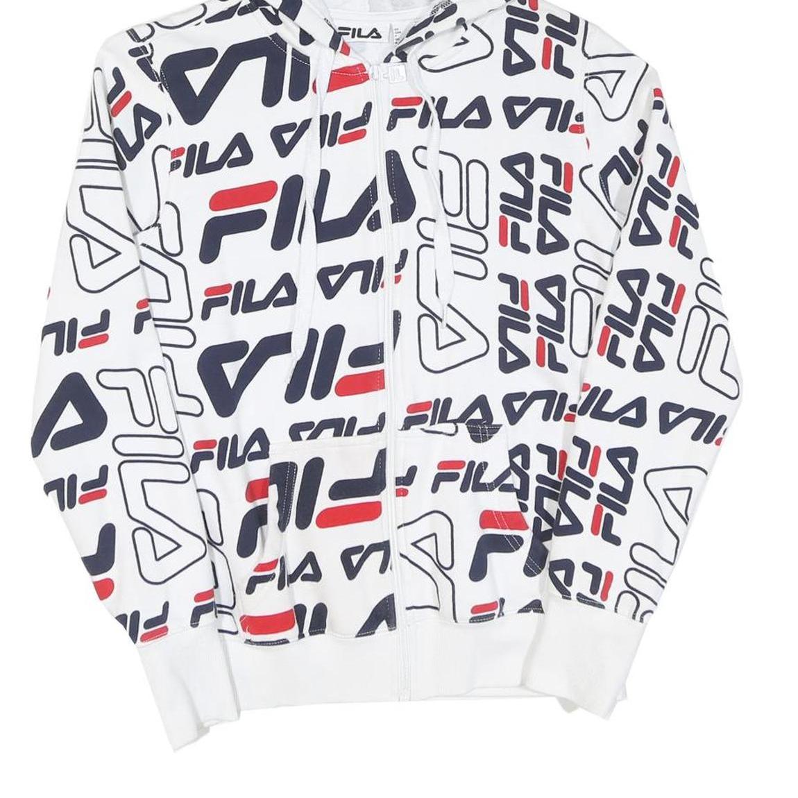 FILA Womens White & Navy Logo Print Zip Up Hoodie UK 10