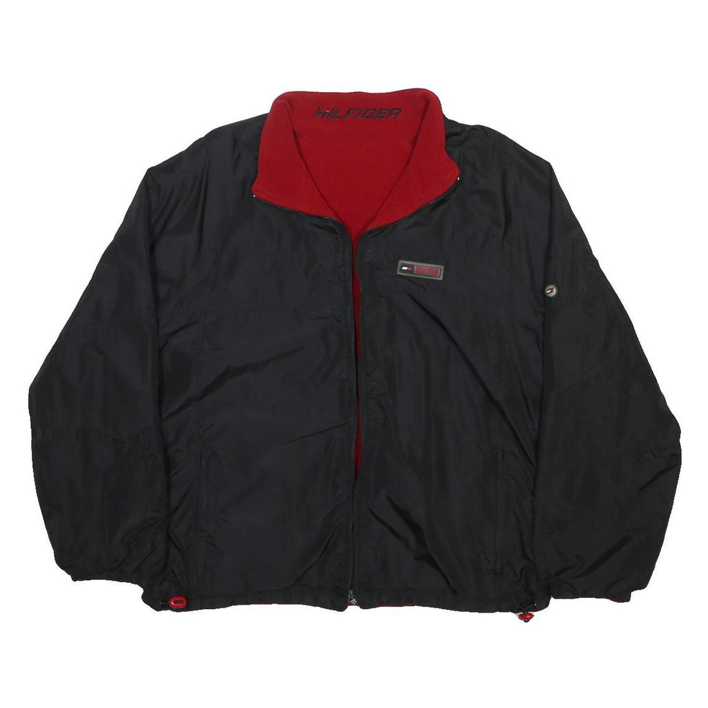 TOMMY HILFIGER Mens Black & Red Reversible Jacket L Polyester Blend Zip Classic