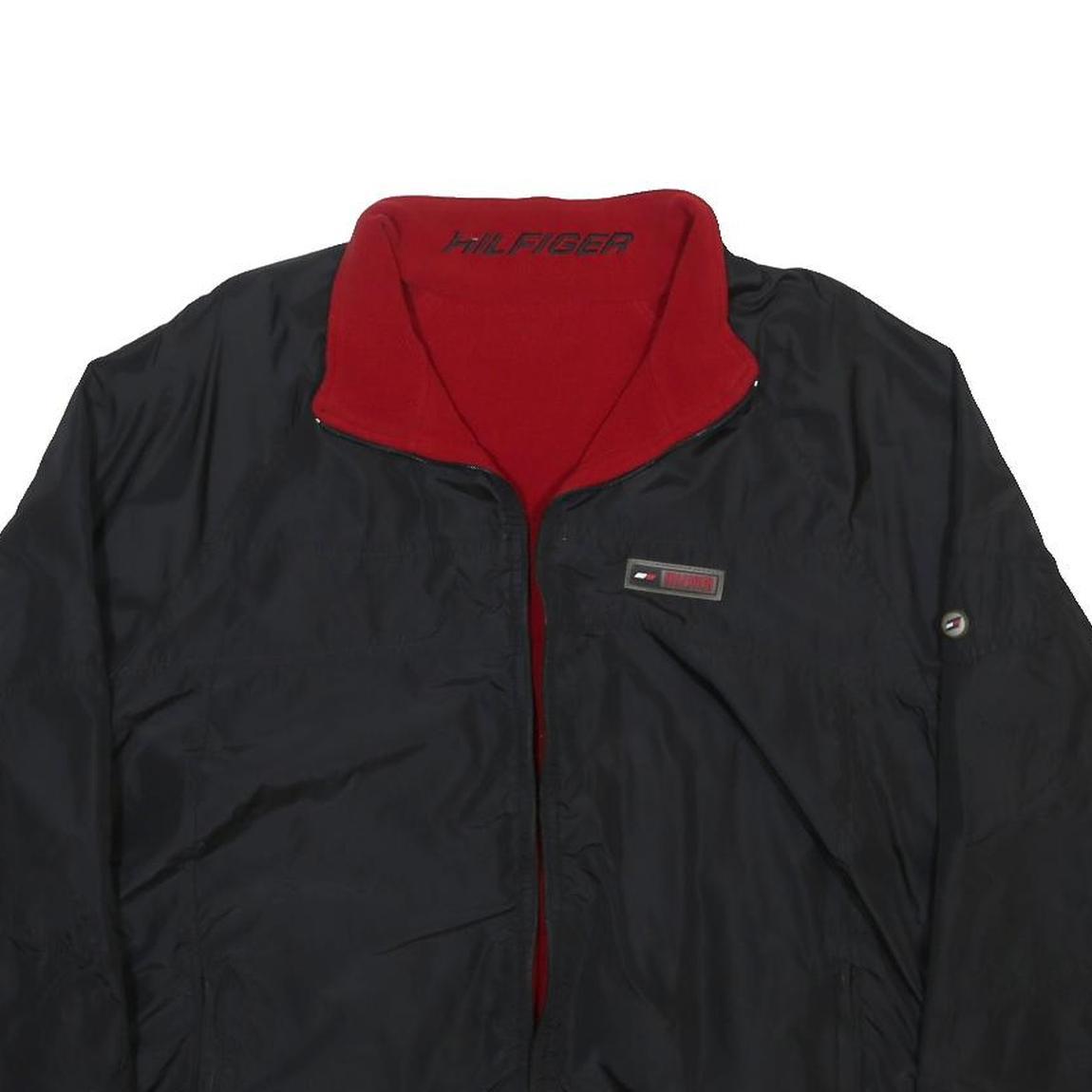 TOMMY HILFIGER Mens Black & Red Reversible Jacket L Polyester Blend Zip Classic