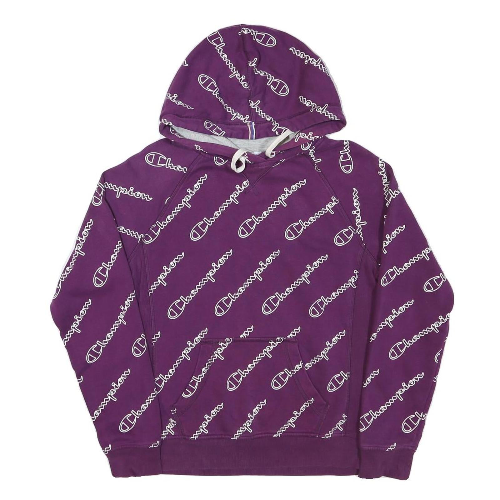 CHAMPION Mens Purple All Over Logo Print Pullover Hoodie S Cotton Blend