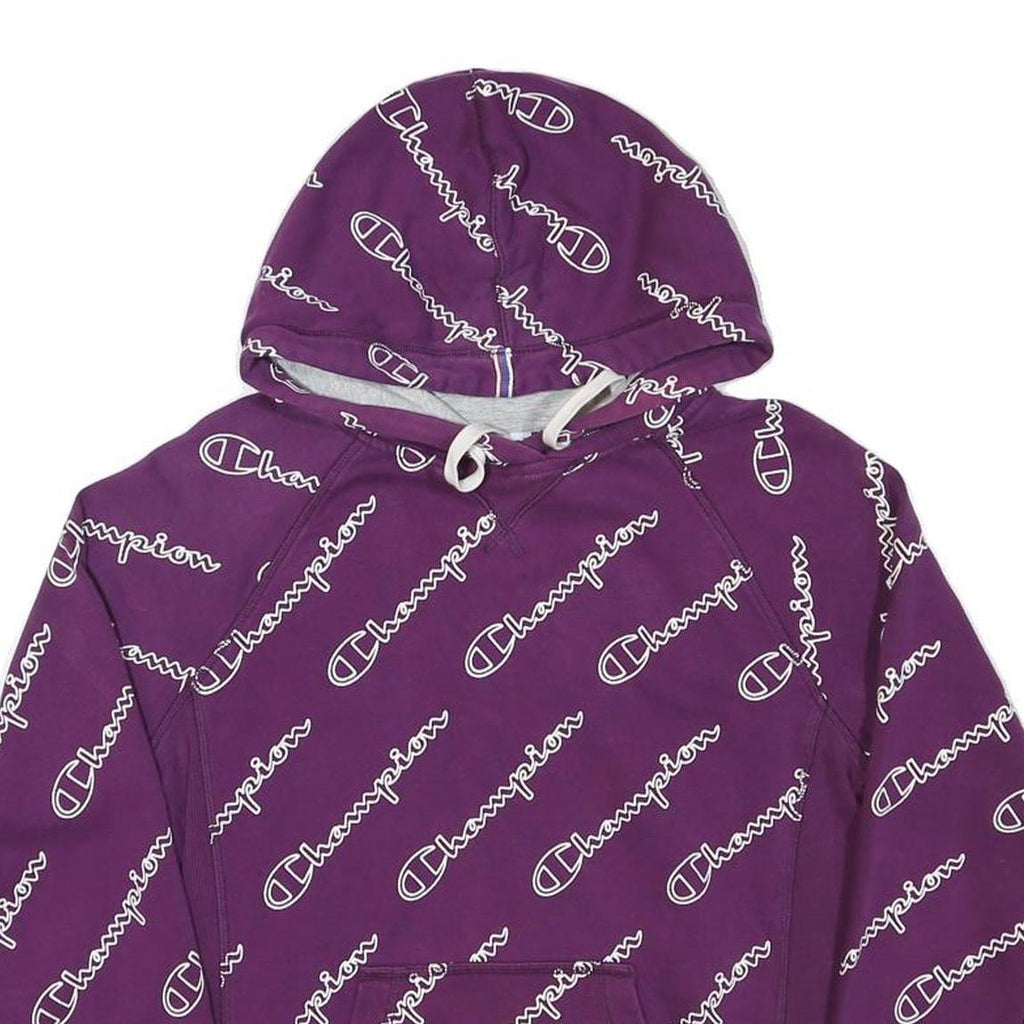 CHAMPION Mens Purple All Over Logo Print Pullover Hoodie S Cotton Blend