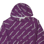 CHAMPION Mens Purple All Over Logo Print Pullover Hoodie S Cotton Blend