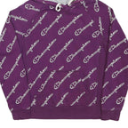 CHAMPION Mens Purple All Over Logo Print Pullover Hoodie S Cotton Blend