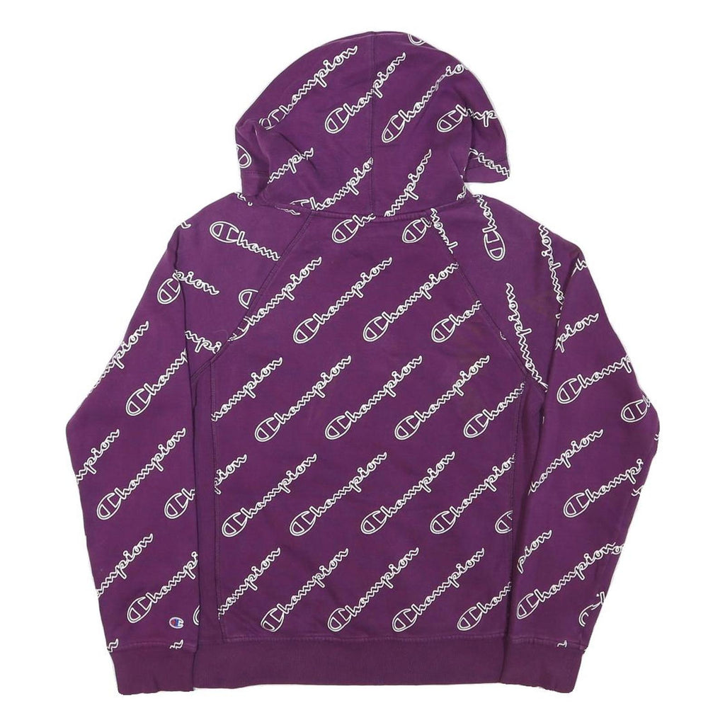 CHAMPION Mens Purple All Over Logo Print Pullover Hoodie S Cotton Blend