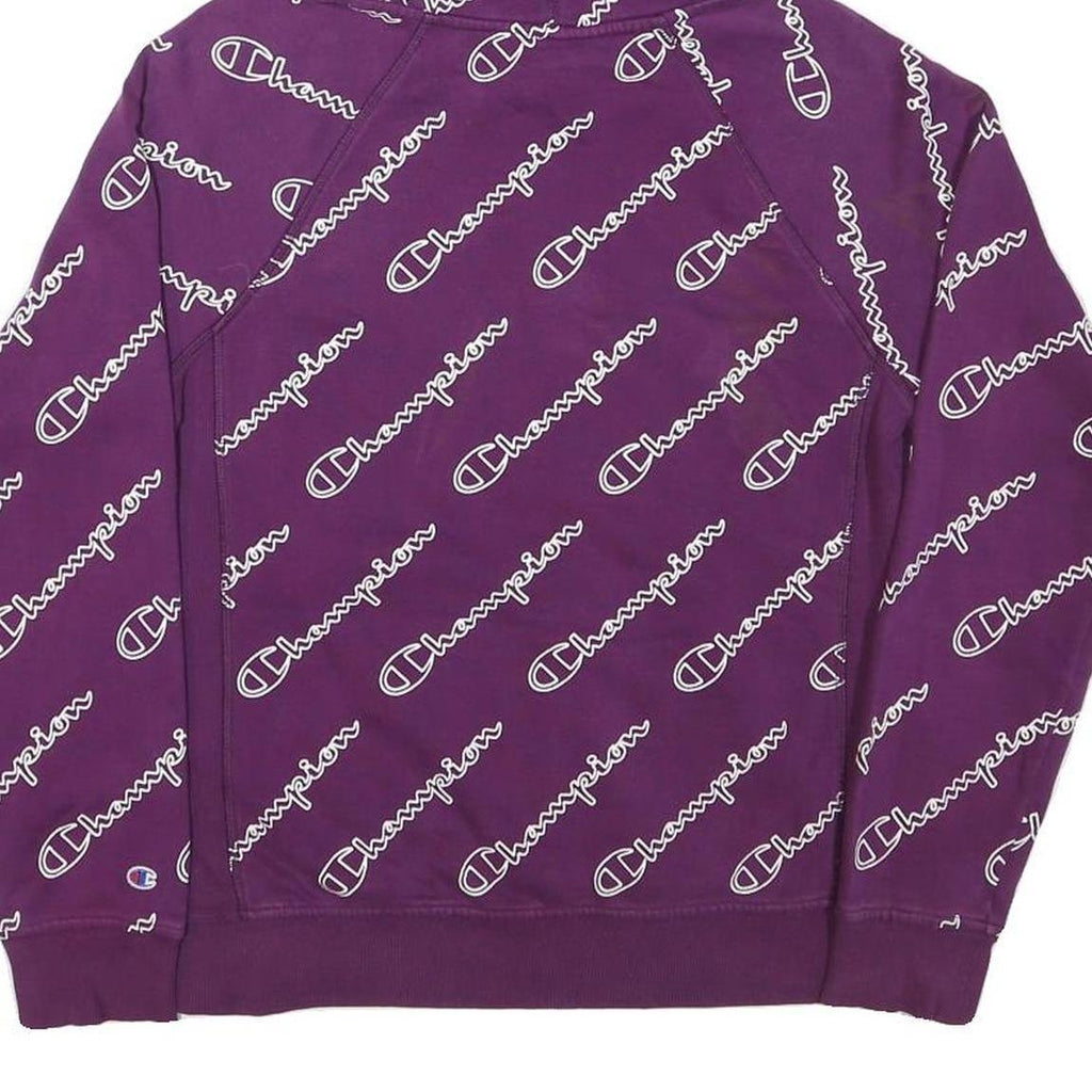 CHAMPION Mens Purple All Over Logo Print Pullover Hoodie S Cotton Blend