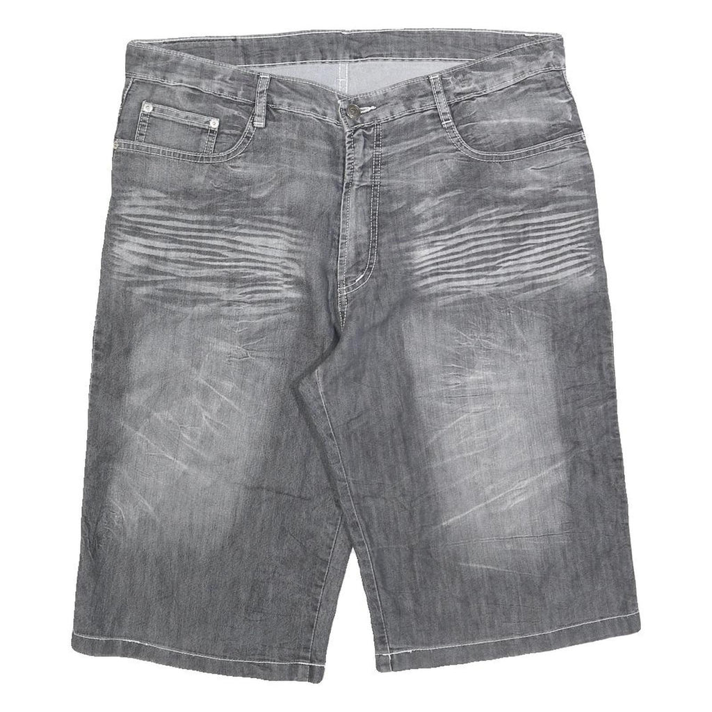 Mens Grey Denim Style Cotton Blend Shorts XL W38 Tribal Embroidered Pocket