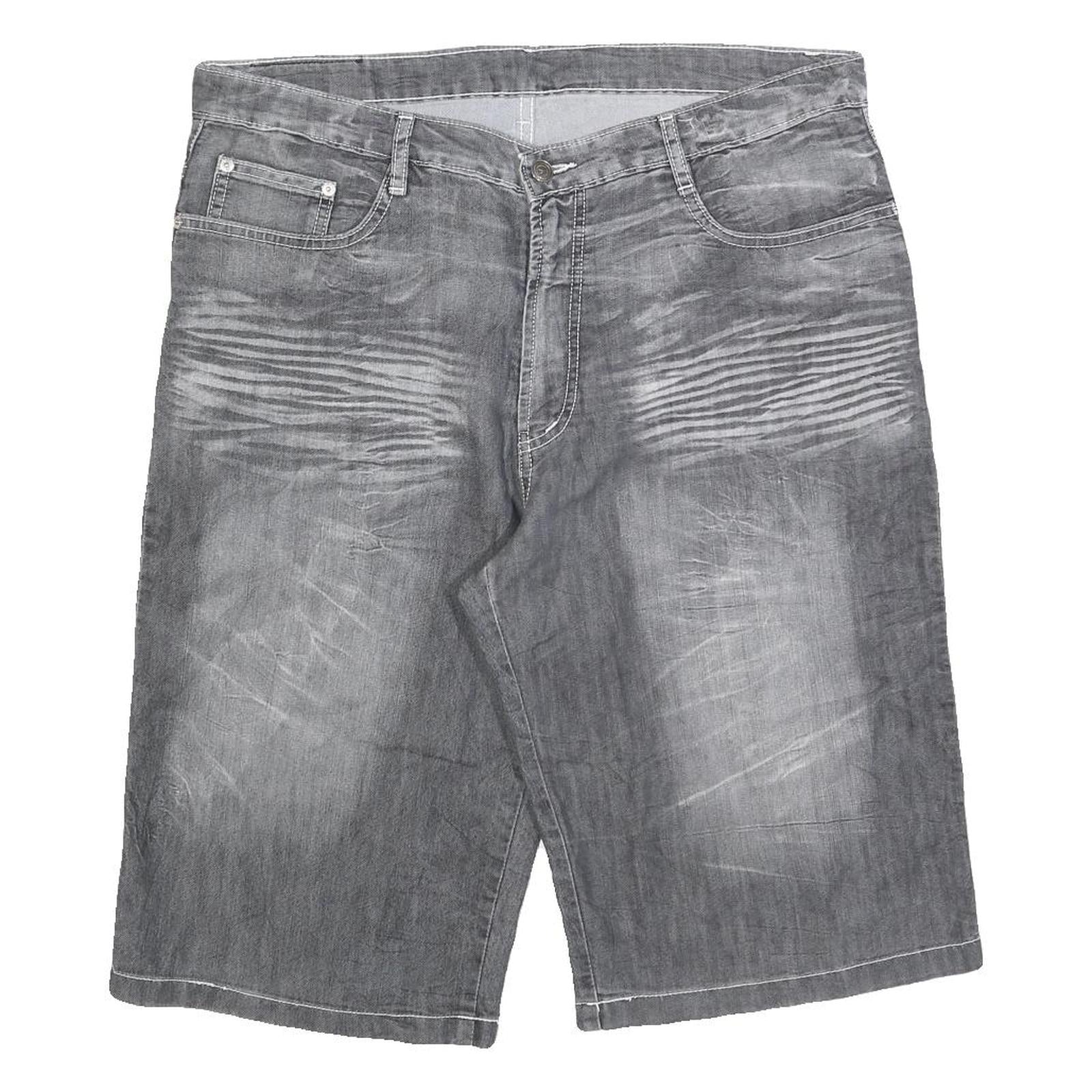 Mens Grey Denim Style Cotton Blend Shorts XL W38 Tribal Embroidered Pocket