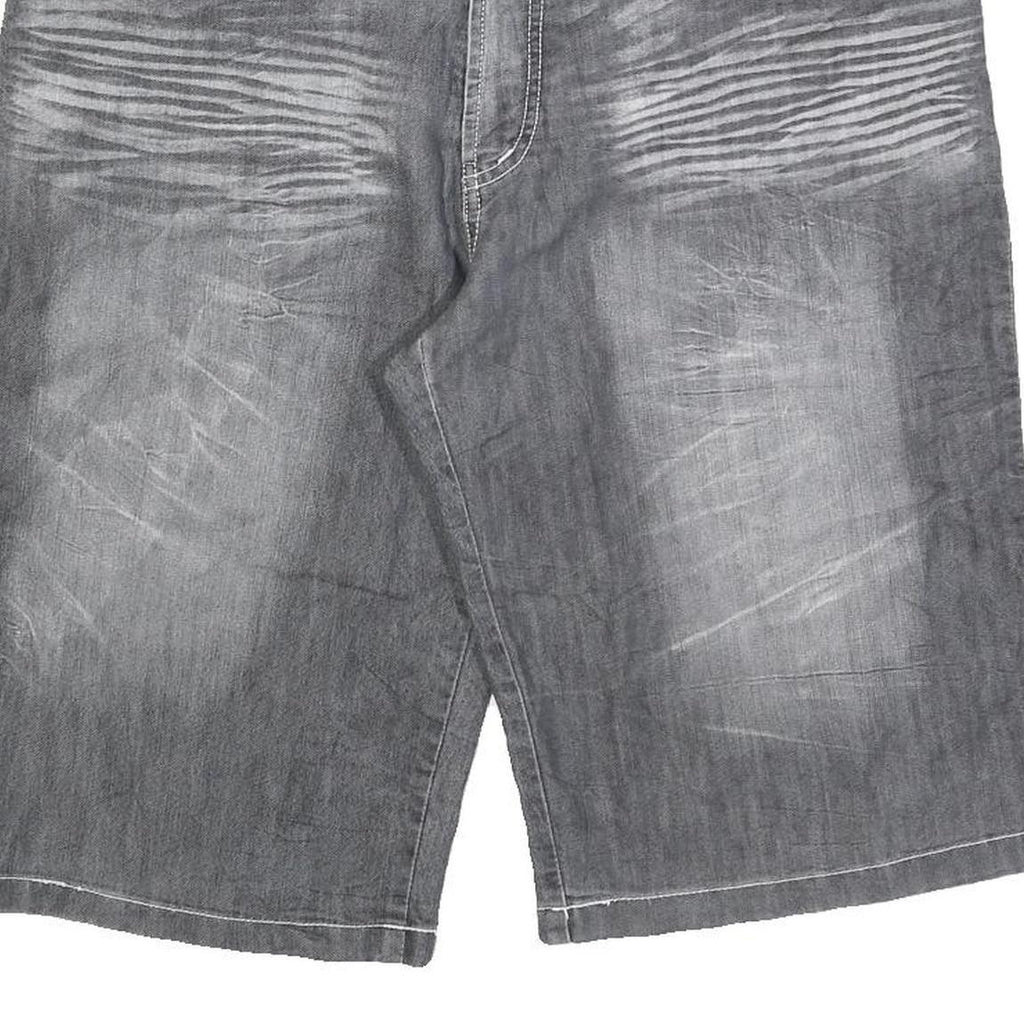 Mens Grey Denim Style Cotton Blend Shorts XL W38 Tribal Embroidered Pocket