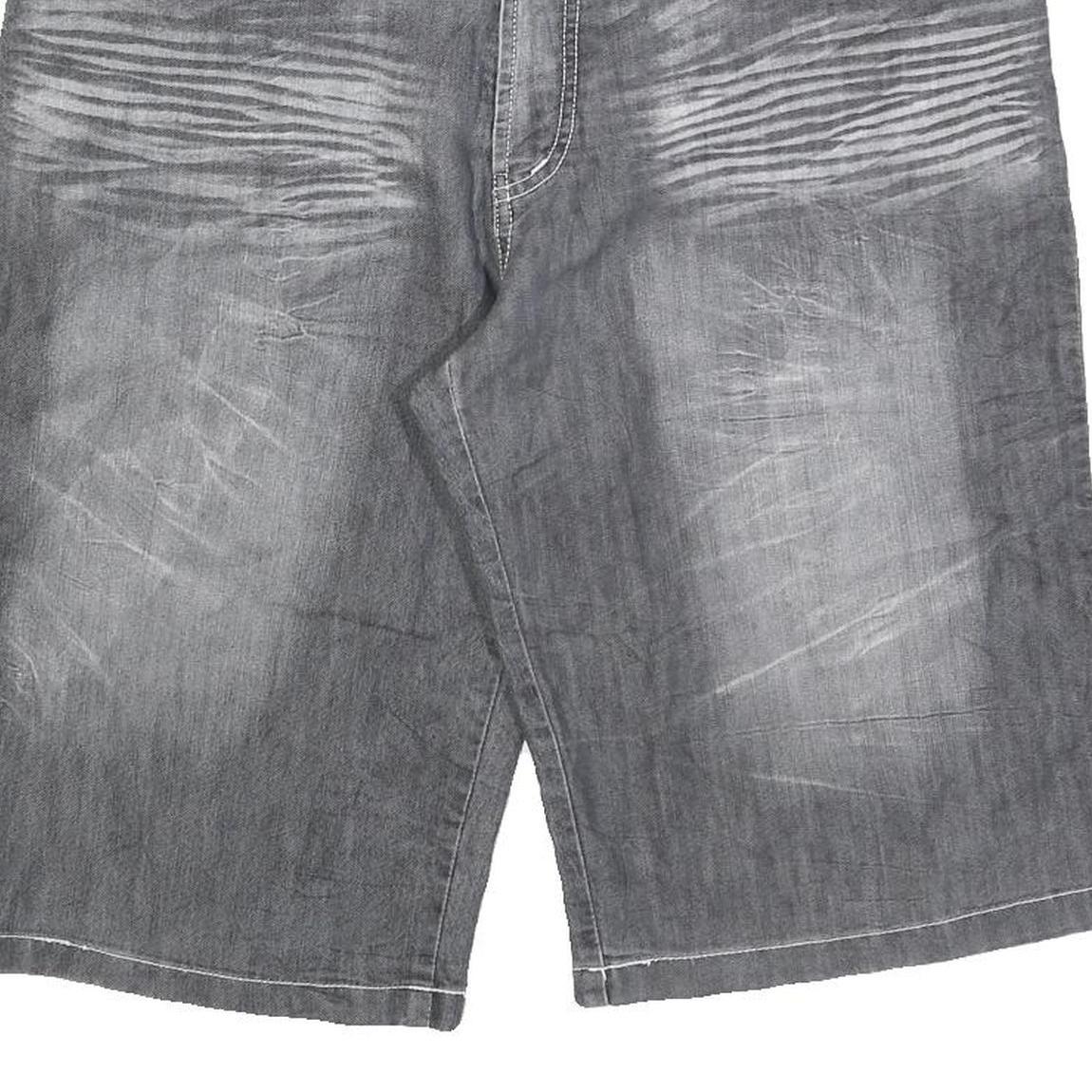 Mens Grey Denim Style Cotton Blend Shorts XL W38 Tribal Embroidered Pocket