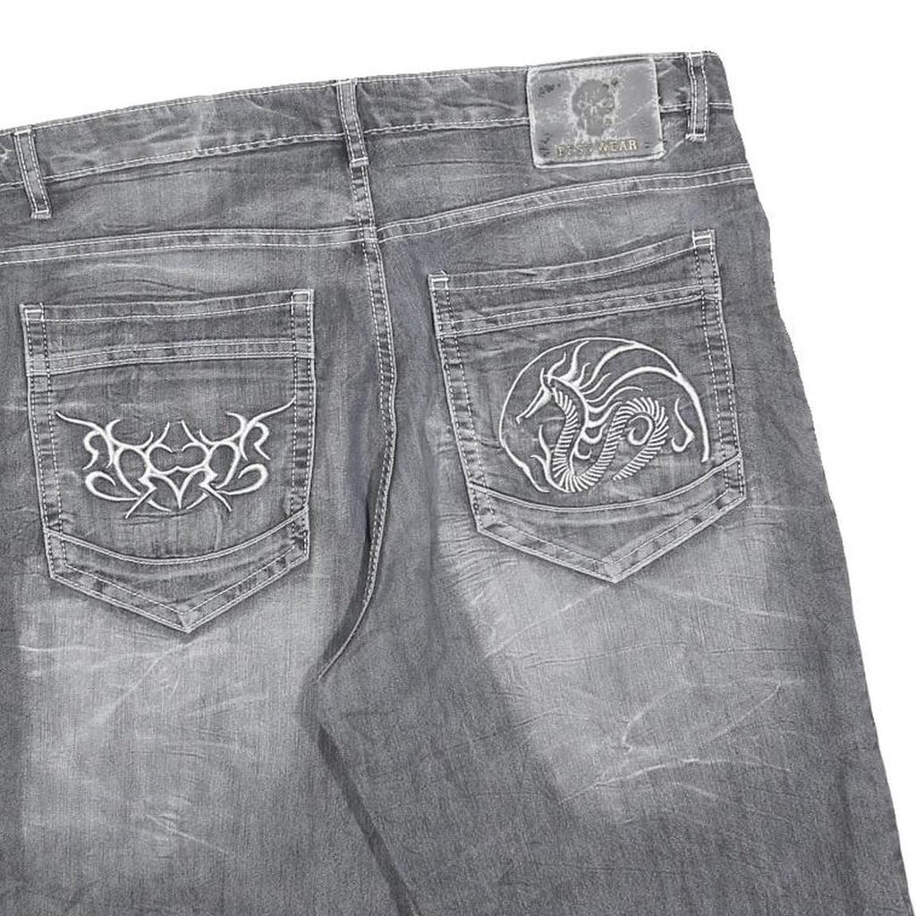 Mens Grey Denim Style Cotton Blend Shorts XL W38 Tribal Embroidered Pocket