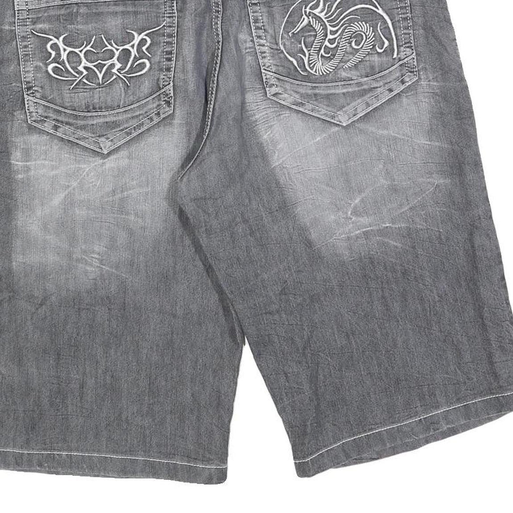 Mens Grey Denim Style Cotton Blend Shorts XL W38 Tribal Embroidered Pocket