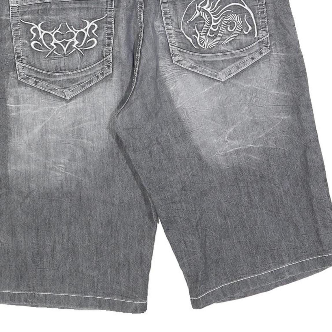Mens Grey Denim Style Cotton Blend Shorts XL W38 Tribal Embroidered Pocket