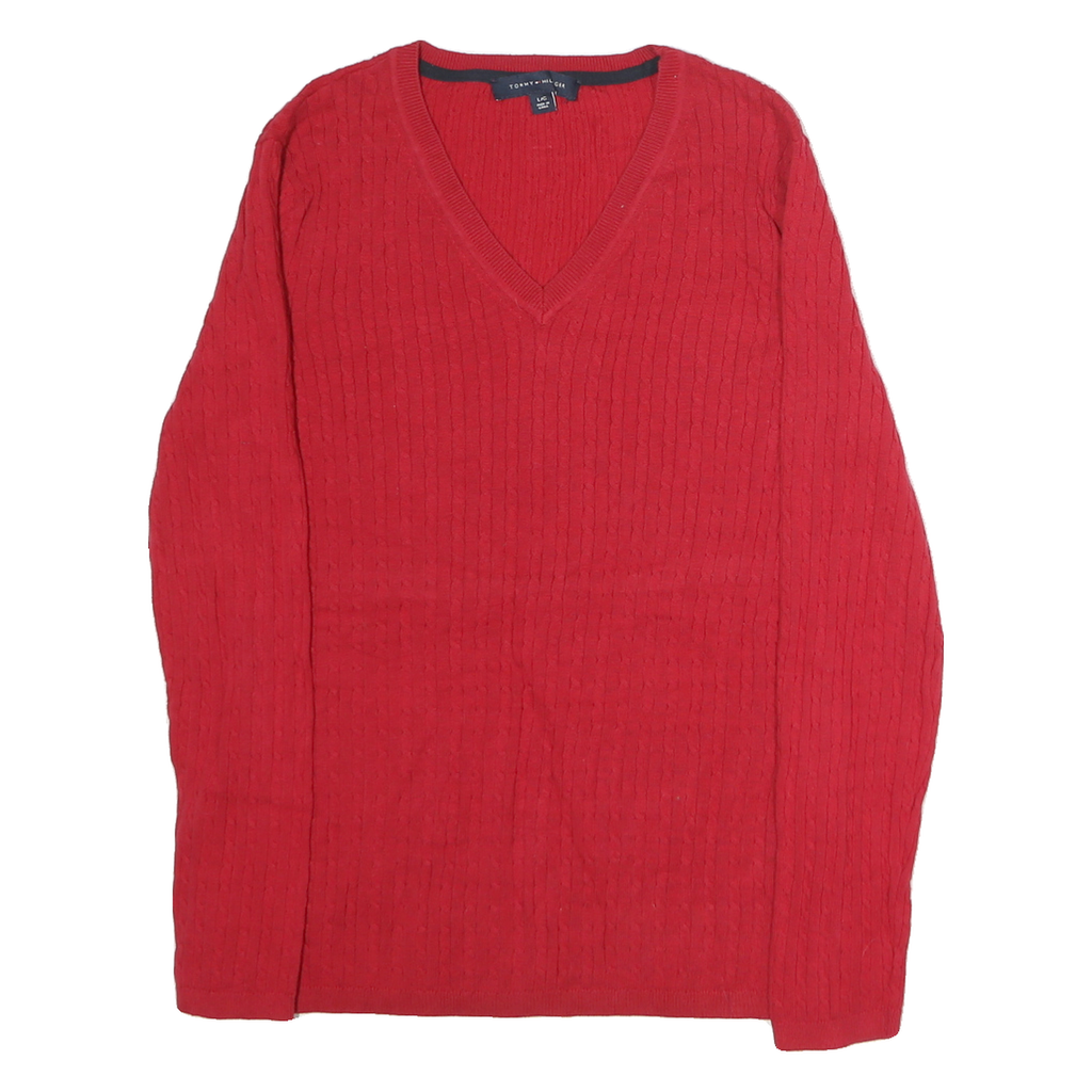 TOMMY HILFIGER Womens Red Patterned Cotton Jumper V-Neck Basic Knit L Classic