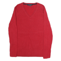 TOMMY HILFIGER Womens Red Patterned Cotton Jumper V-Neck Basic Knit L Classic