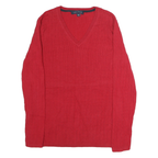 TOMMY HILFIGER Womens Red Patterned Cotton Jumper V-Neck Basic Knit L Classic