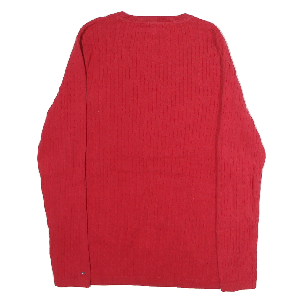 TOMMY HILFIGER Womens Red Patterned Cotton Jumper V-Neck Basic Knit L Classic