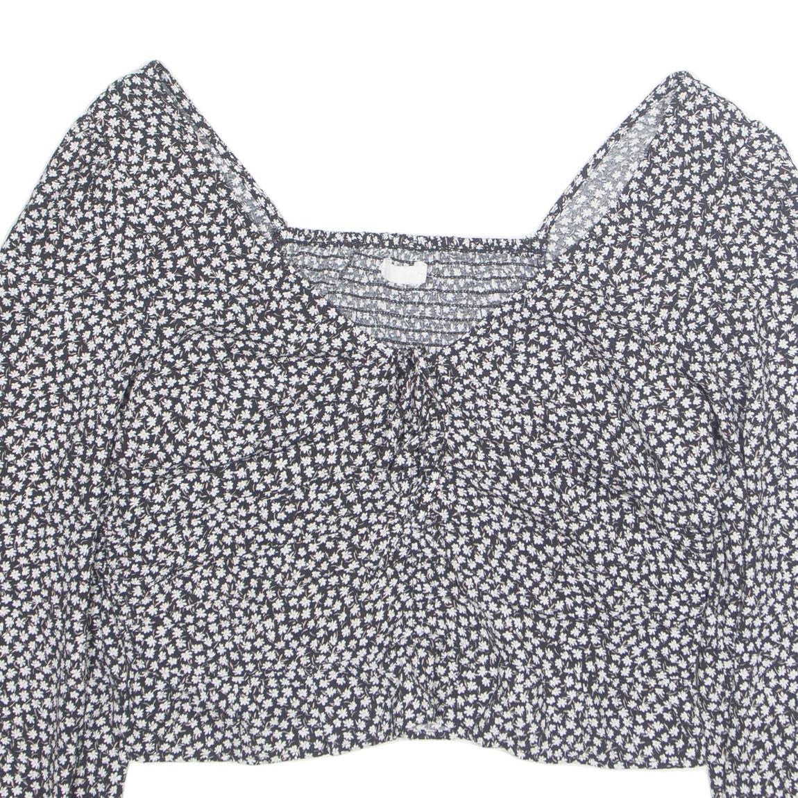 H&M Womens Printed Blouse Black V-Neck Long Sleeve Floral M