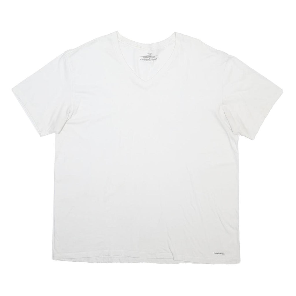 CALVIN KLEIN Mens White V-Neck T-Shirt XL Cotton Blend Modern Short Sleeve