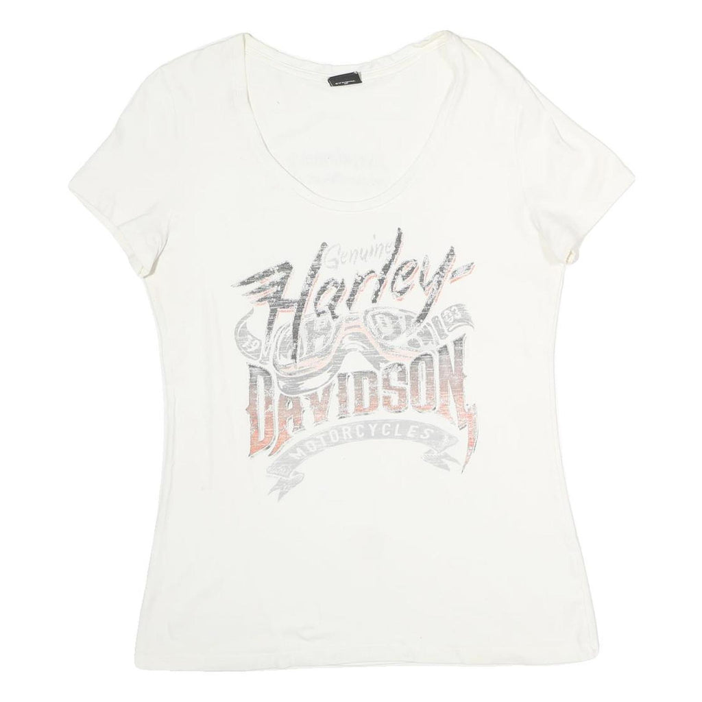 HARLEY DAVIDSON Womens White Graphic T-Shirt L Short Sleeve Scoop Neck Casual