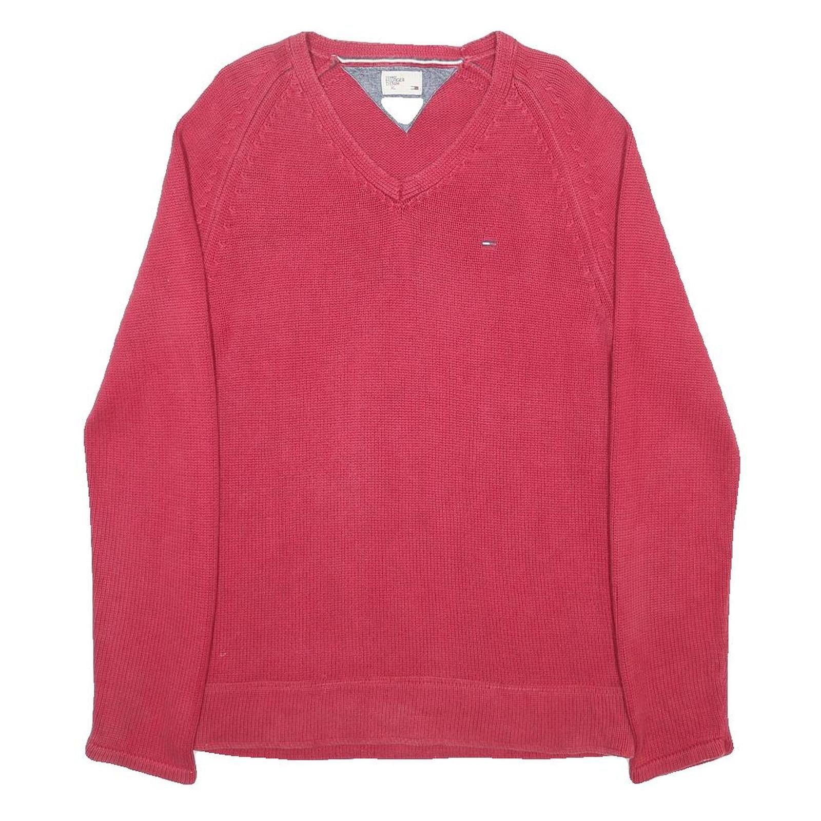 TOMMY HILFIGER Mens Red Patterned Jumper V-Neck Basic Knit XL Designer Cotton