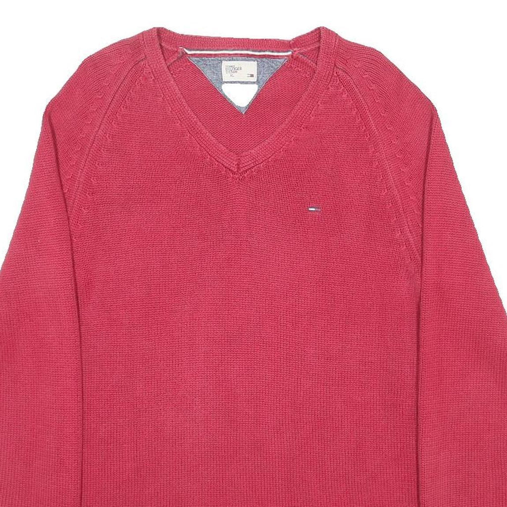 TOMMY HILFIGER Mens Red Patterned Jumper V-Neck Basic Knit XL Designer Cotton