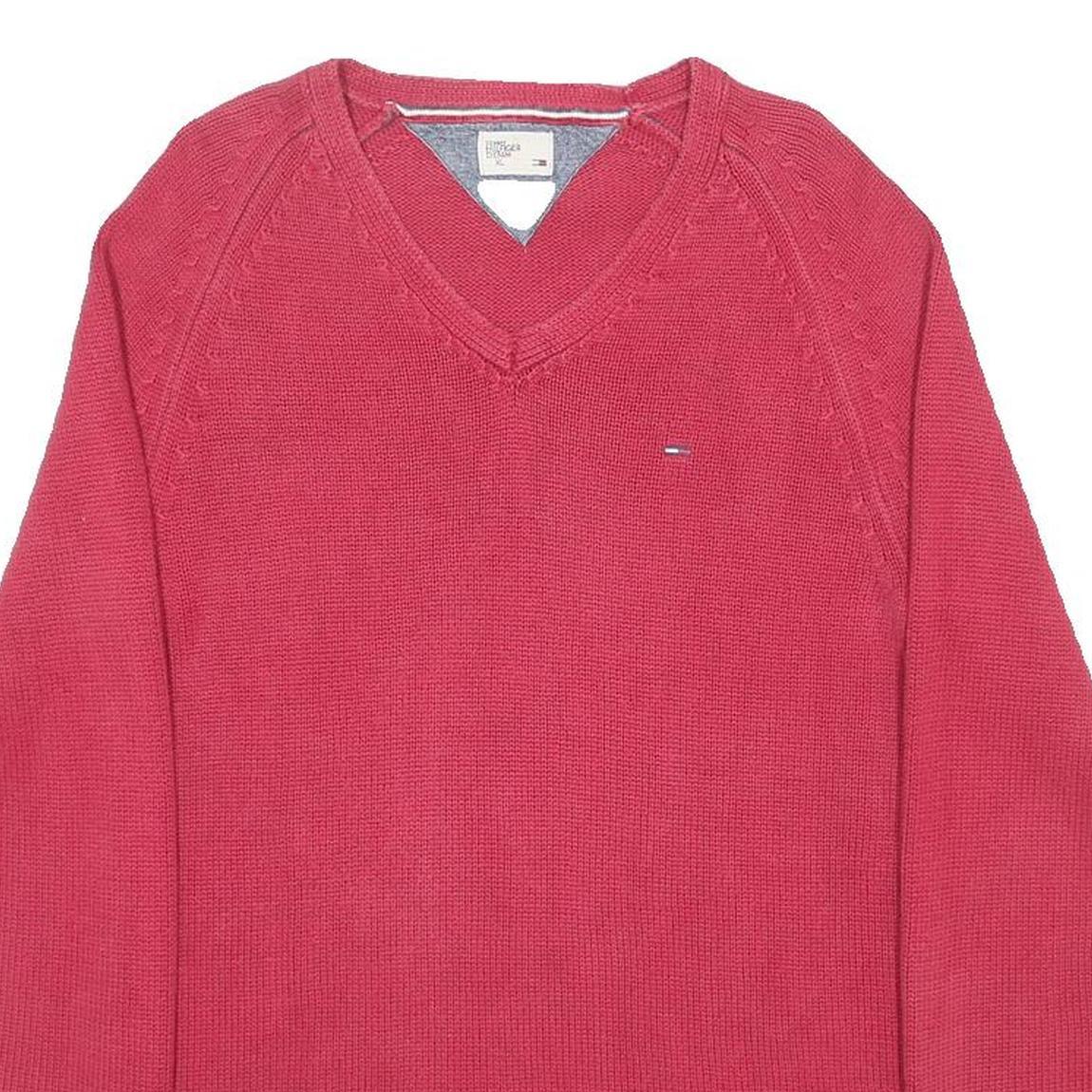 TOMMY HILFIGER Mens Red Patterned Jumper V-Neck Basic Knit XL Designer Cotton