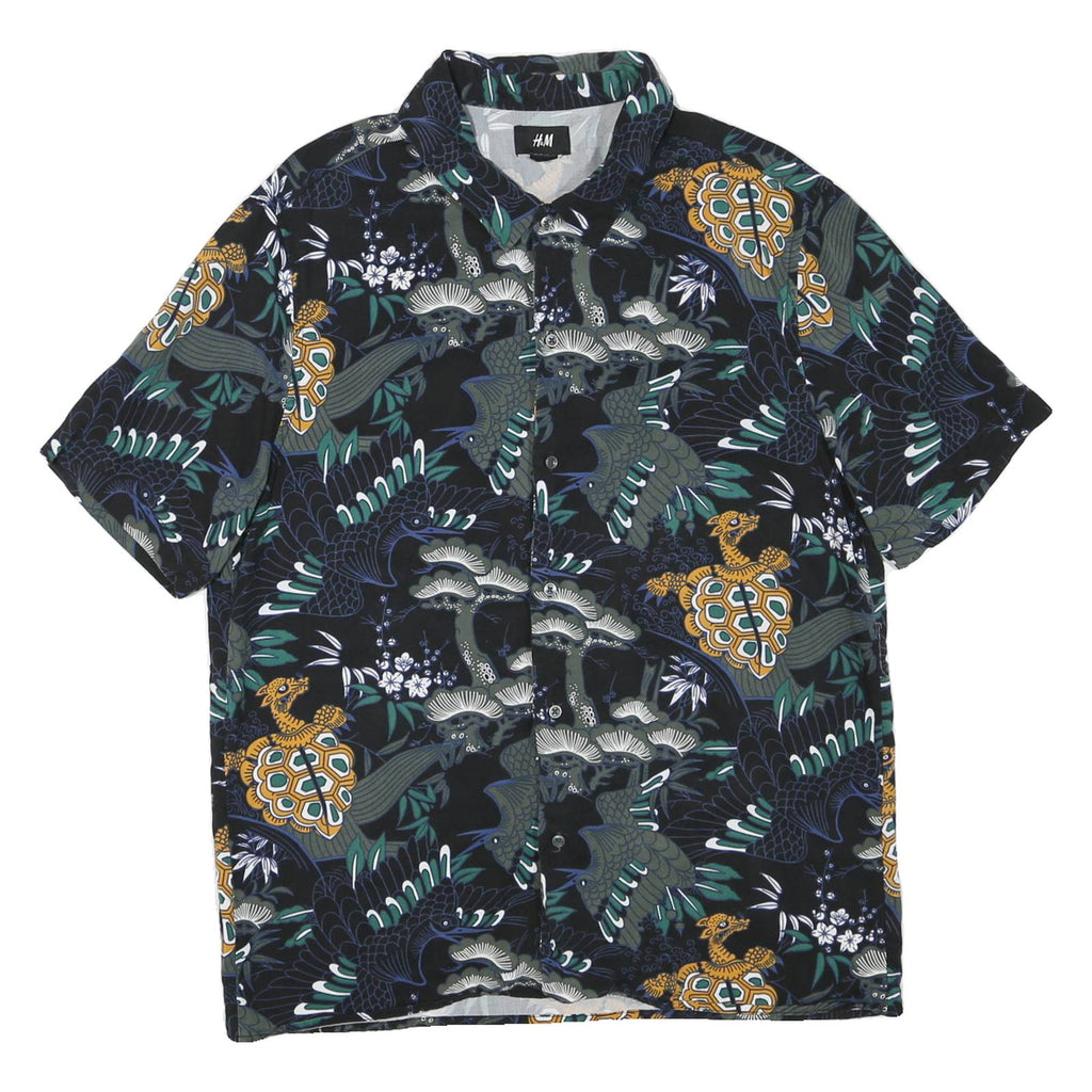 H&M Mens Black Pattern Shirt M Cotton Blend Button Collar Casual