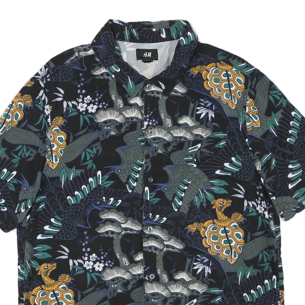 H&M Mens Black Pattern Shirt M Cotton Blend Button Collar Casual