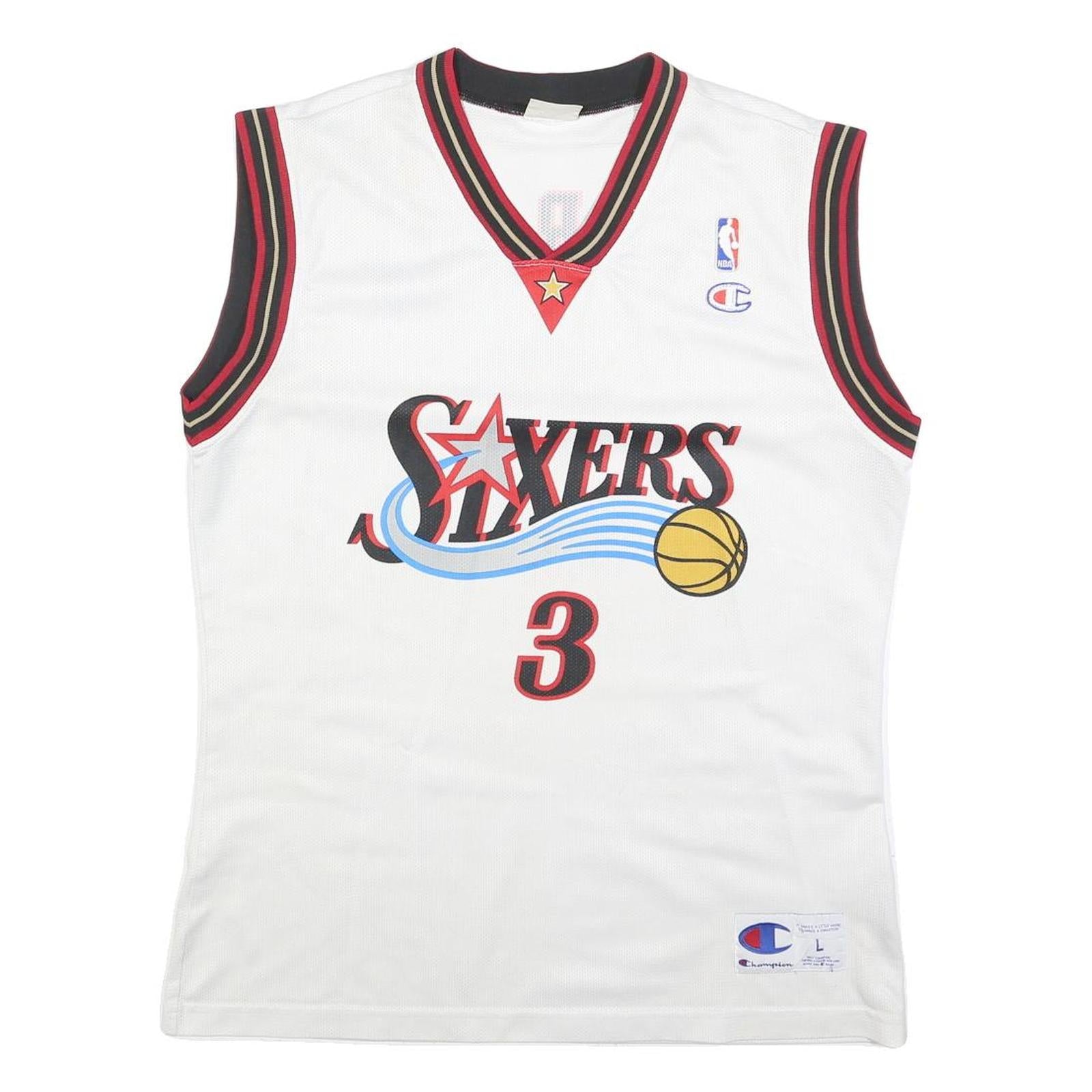 CHAMPION Mens White & Red Sixers Iverson Basketball Jersey L Sleeveless V-Neck