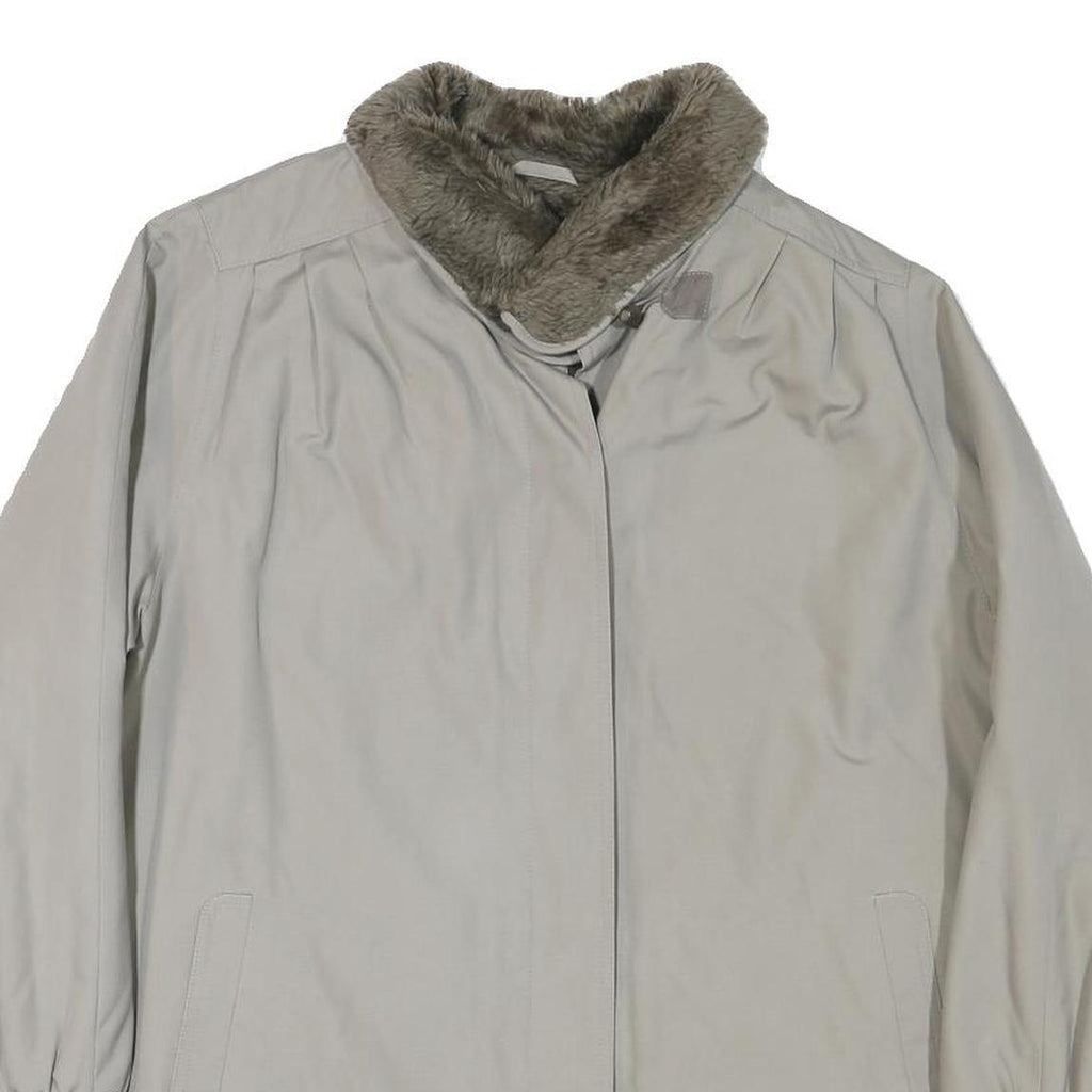 Womens Beige Jacket L Polyester Blend Plain Button Closure Faux Fur Collar Warm
