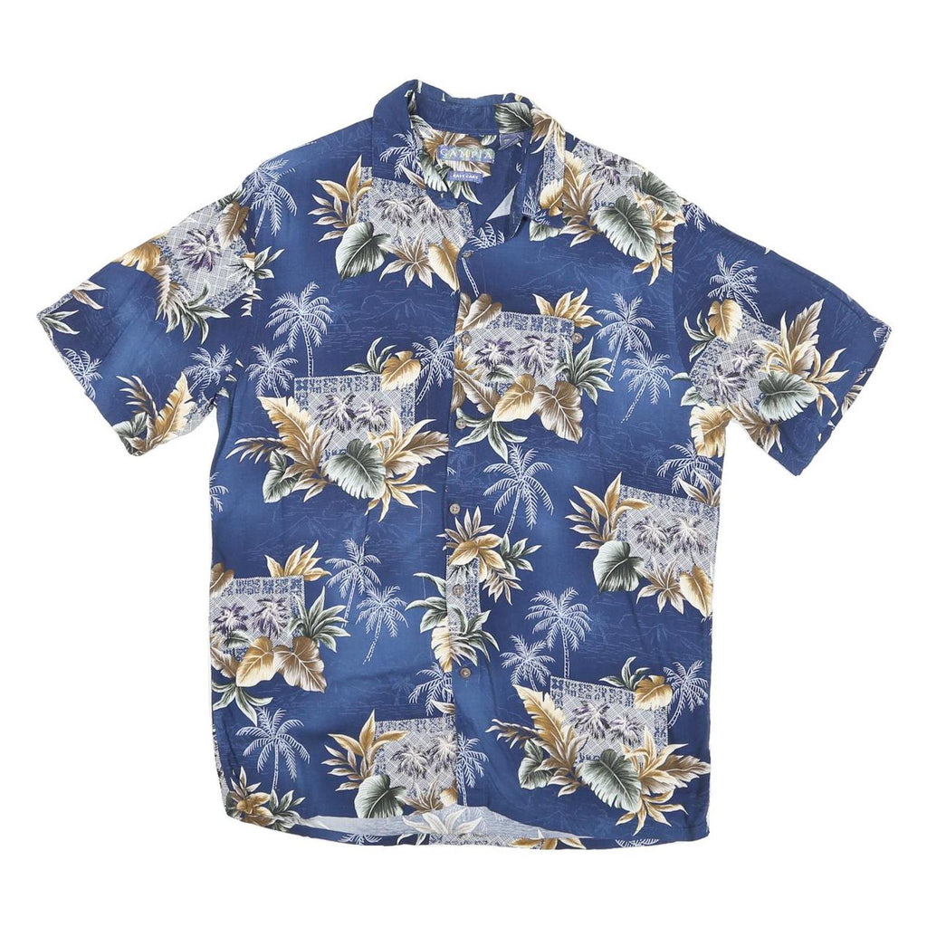 CAMPOA Mens Blue Hawaiian Shirt M Polyester Blend Tropical Palm Print Casual