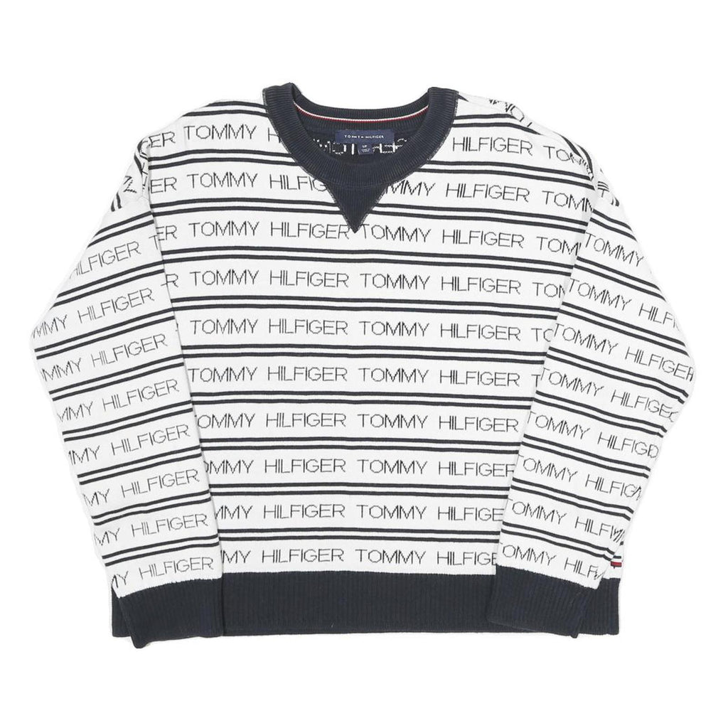 TOMMY HILFIGER Womens White & Navy Logo Patterned Jumper Crew Neck Basic Knit S