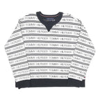 TOMMY HILFIGER Womens White & Navy Logo Patterned Jumper Crew Neck Basic Knit S