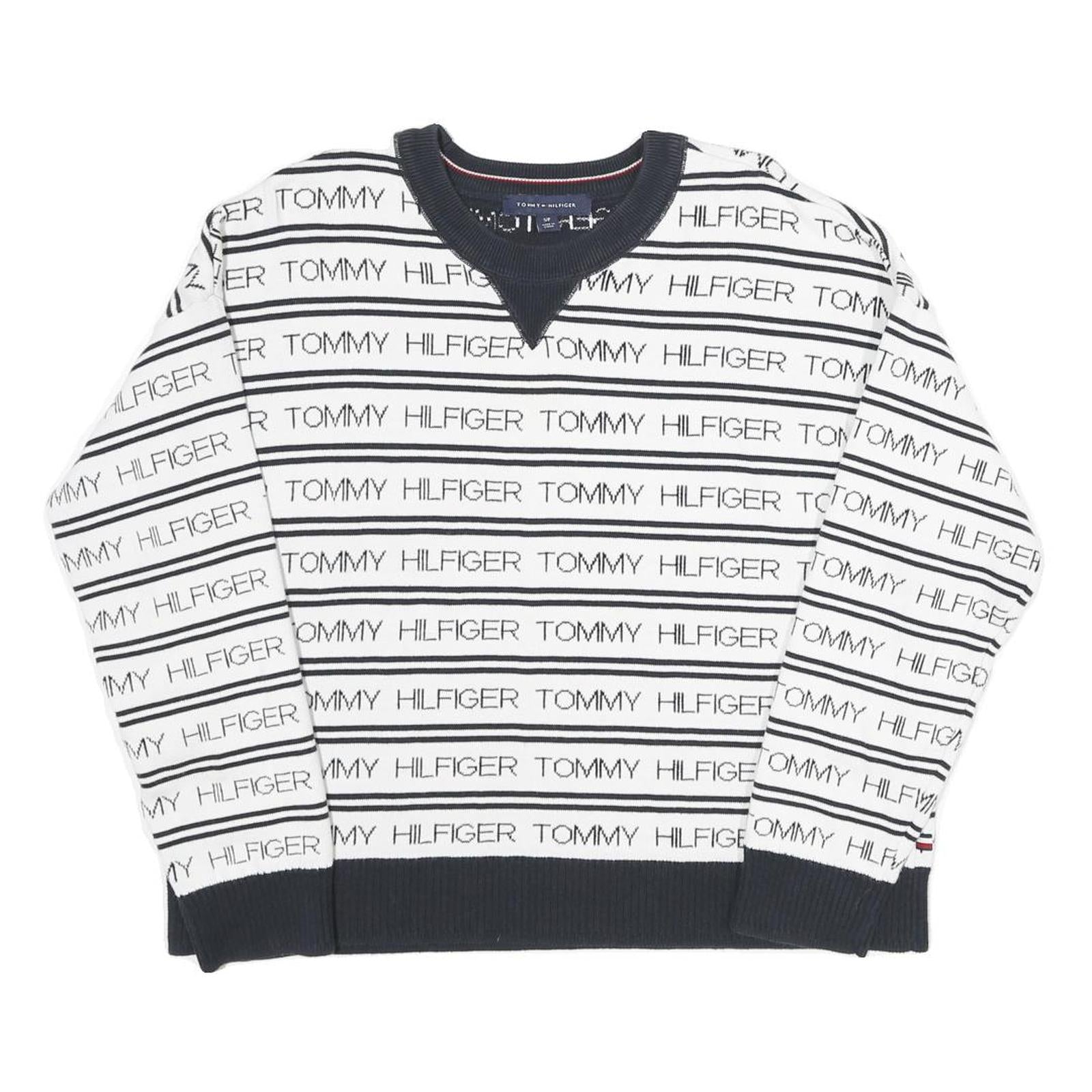 TOMMY HILFIGER Womens White & Navy Logo Patterned Jumper Crew Neck Basic Knit S