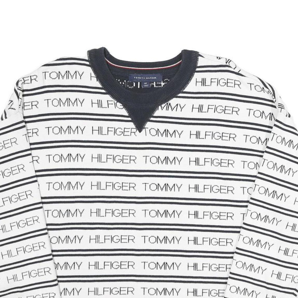 TOMMY HILFIGER Womens White & Navy Logo Patterned Jumper Crew Neck Basic Knit S