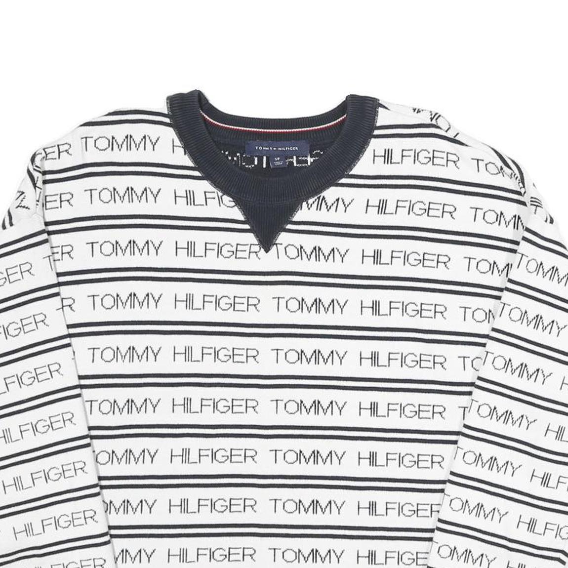 TOMMY HILFIGER Womens White & Navy Logo Patterned Jumper Crew Neck Basic Knit S