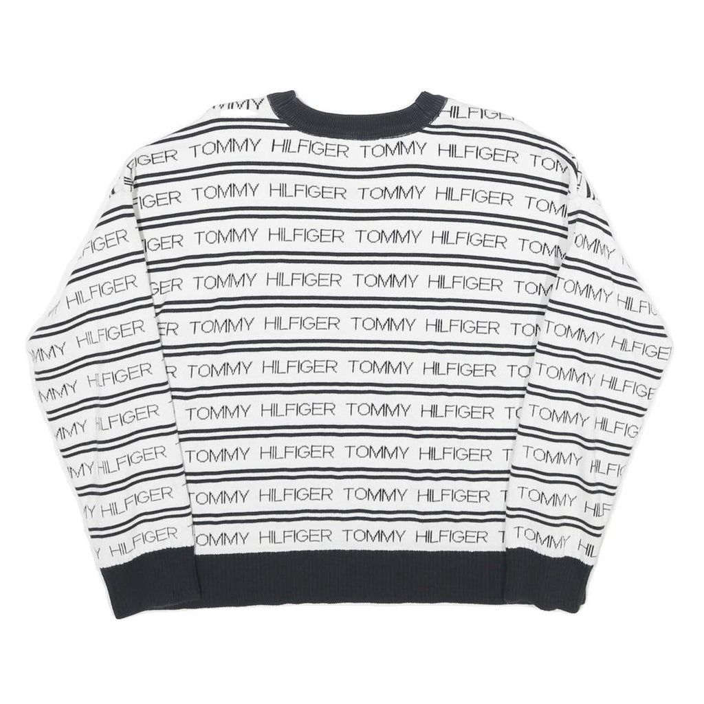 TOMMY HILFIGER Womens White & Navy Logo Patterned Jumper Crew Neck Basic Knit S