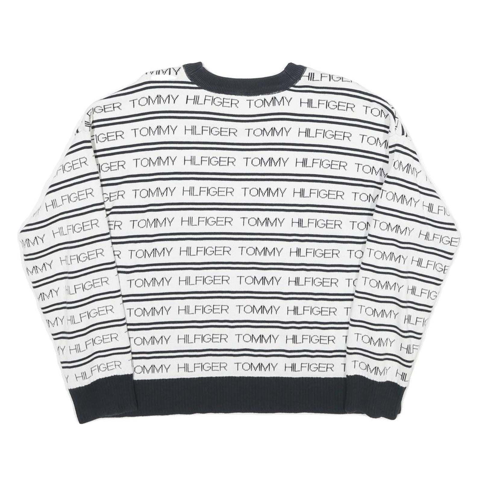 TOMMY HILFIGER Womens White & Navy Logo Patterned Jumper Crew Neck Basic Knit S