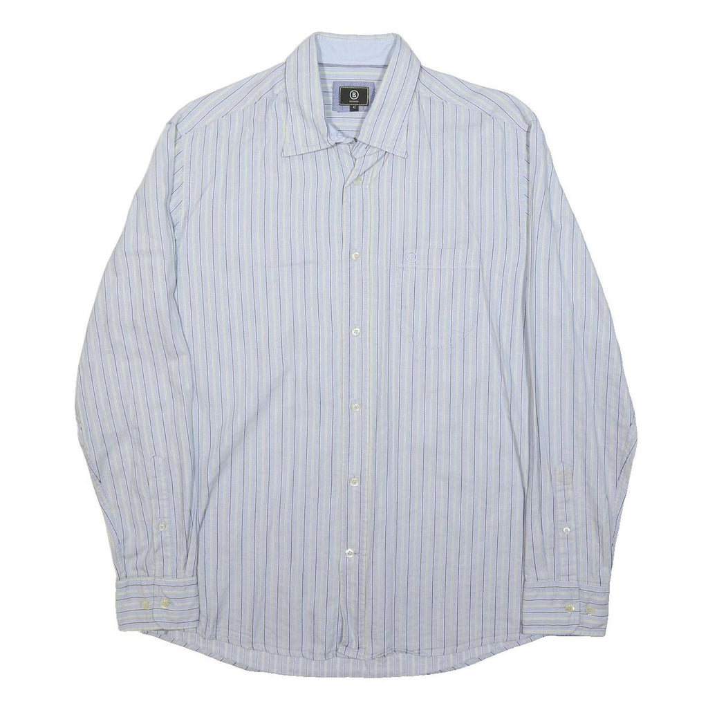 BOGNER Mens Blue Striped Shirt M Cotton Blend Classic Fit Button Collar