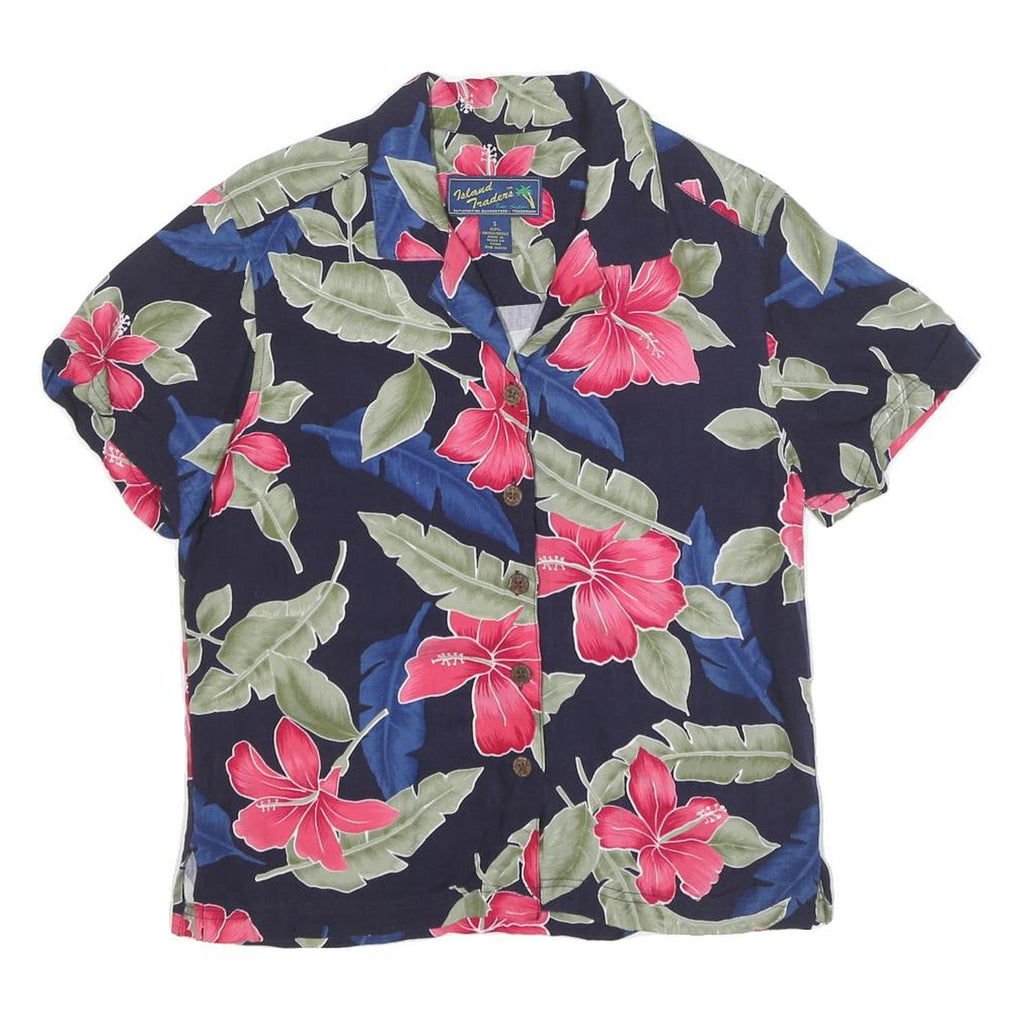ISLAND TRADERS Womens Navy Blue & Red Floral Rayon Shirt S Tropical Print