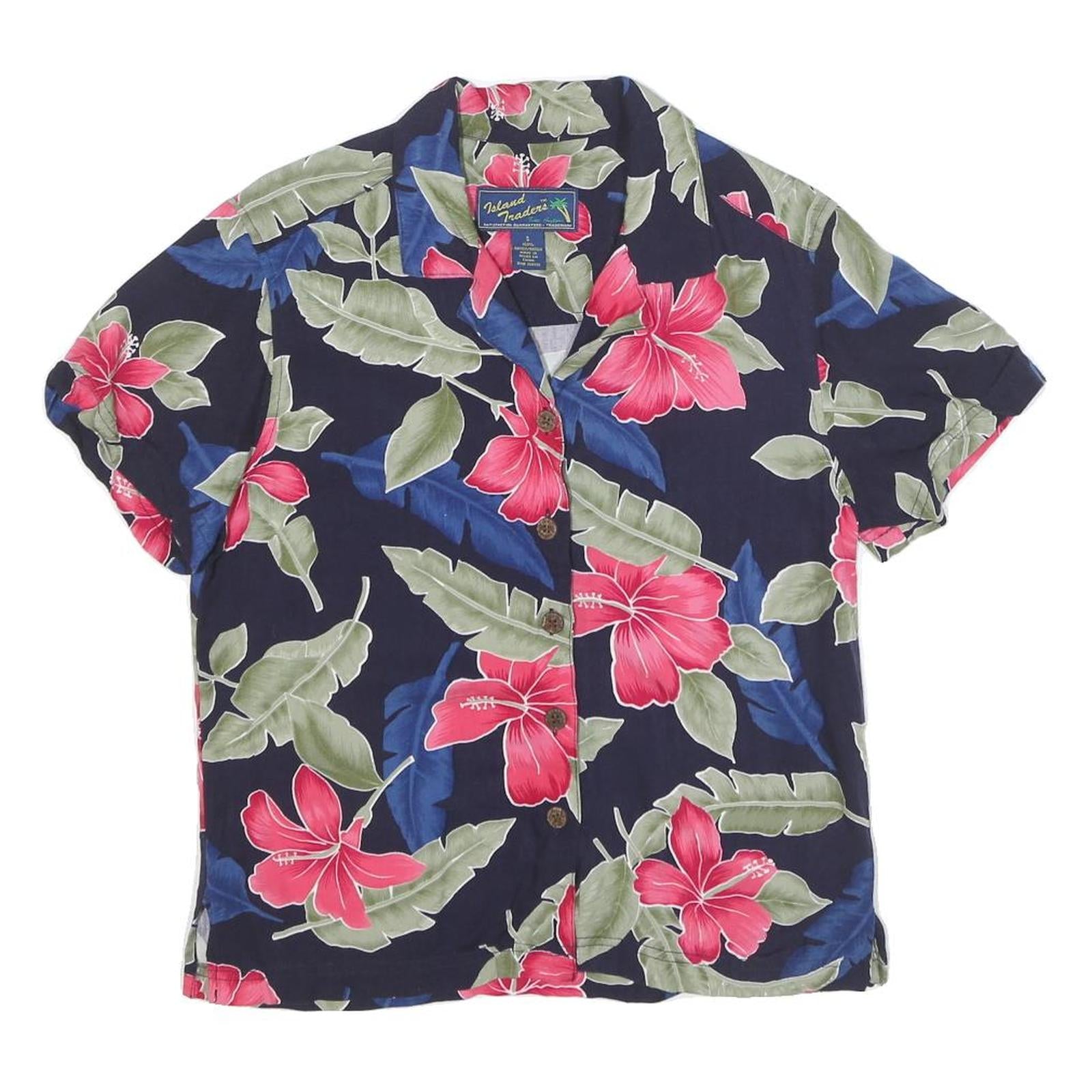 ISLAND TRADERS Womens Navy Blue & Red Floral Rayon Shirt S Tropical Print