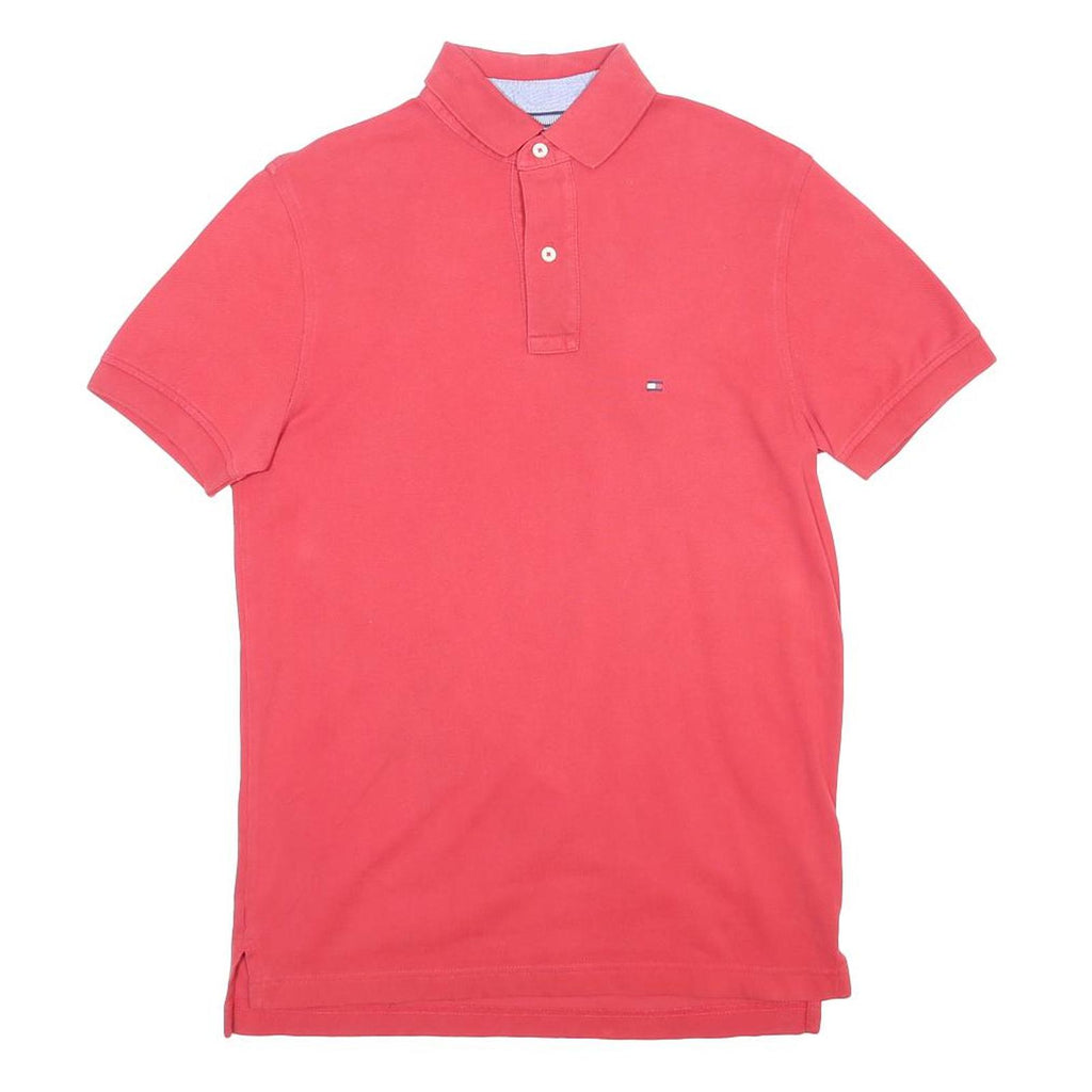 TOMMY HILFIGER Mens Red Short Sleeve Plain Polo Shirt S Cotton Casual