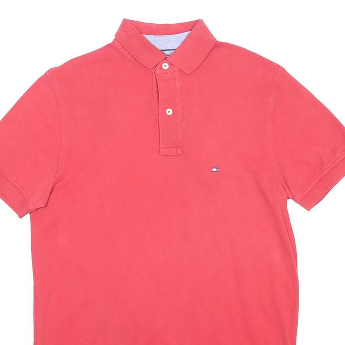 TOMMY HILFIGER Mens Red Short Sleeve Plain Polo Shirt S Cotton Casual