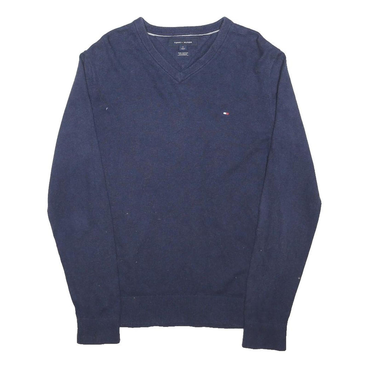TOMMY HILFIGER Mens Blue Plain V-Neck Basic Knit Jumper M Cotton Blend Classic