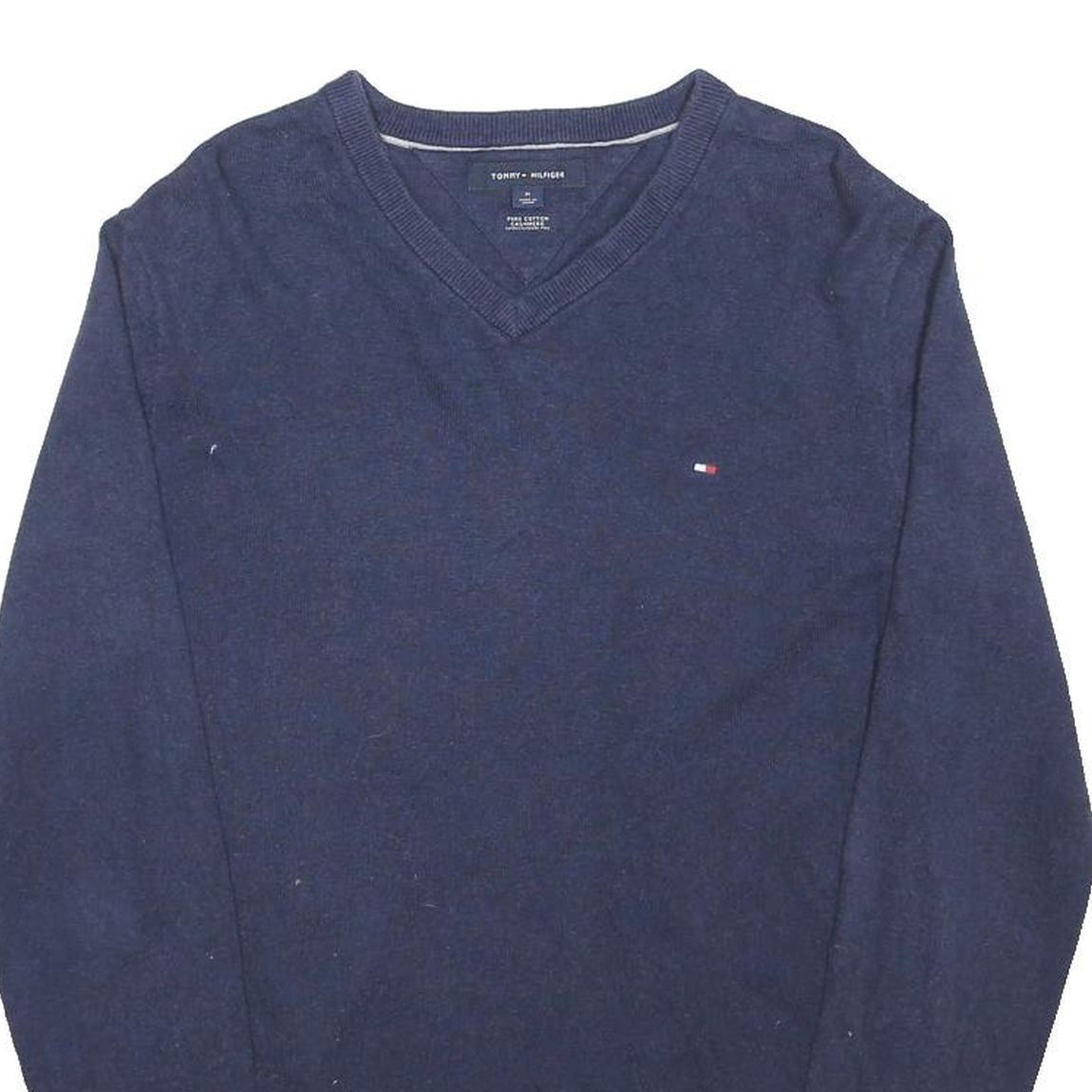 TOMMY HILFIGER Mens Blue Plain V-Neck Basic Knit Jumper M Cotton Blend Classic